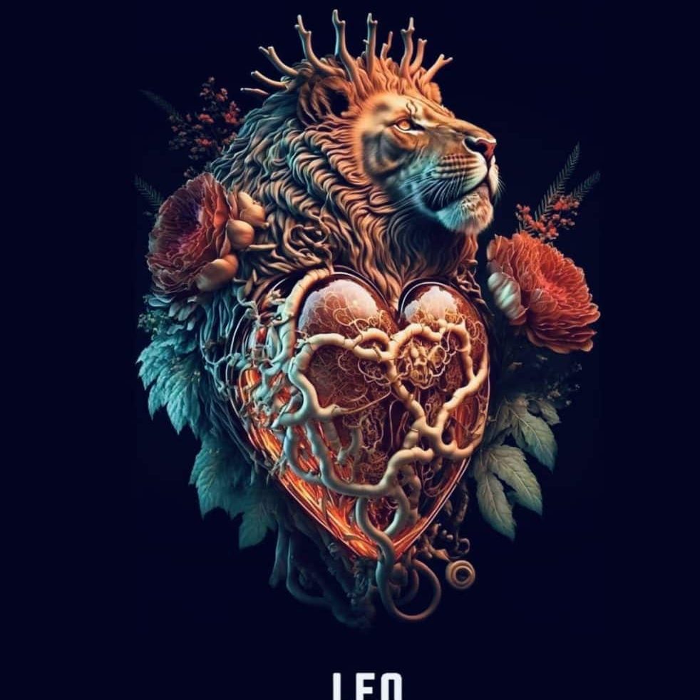 a human shaped heart with Lion head and flowers as art of the heart