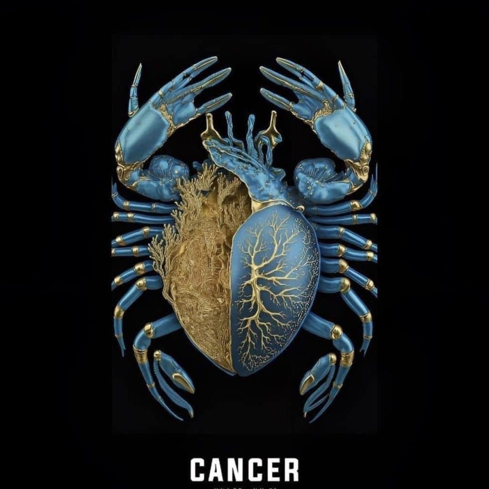 a physical Heart shaped as the starsign Cancer in gold and light blue